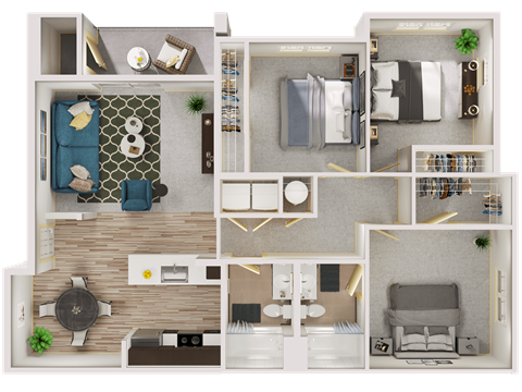 Floor plan for 3 beds, 2 baths, 1295 sqft